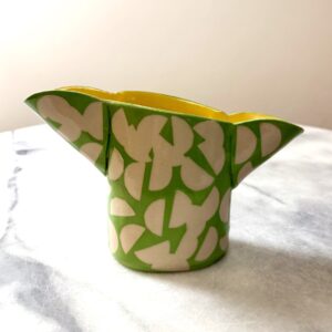 SHC122 -Small double spouted vase -green with yellow interior 12cm tall x 11cm wide