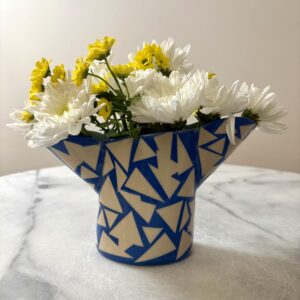 SHC123 -Small double spouted vase -cobalt with pale blue interior 12cm tall x 11cm wide