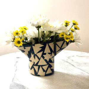 SHC124 -Small double spouted vase Dark blue with turquoise interior 12cm tall x 11cm wide