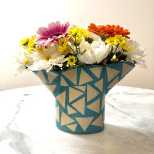 SHC125 - Small double spouted vase -Turquoise with orange interior 12cm tall x 11cm wide