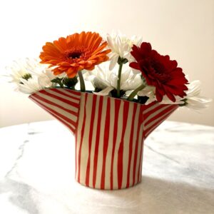 SHC126 - Small double spouted vase - Red with turquoise ineterior 12cm tall x 11cm wide