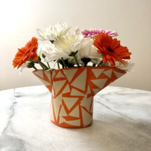 SHC128 -Small double spouted vase- Orange with dove grey interior 12cm tall x 11cm wide