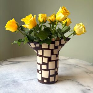 SHC145 - Dark chocolate double spouted vase with peach interior - 19cm tall x 12 cm wide