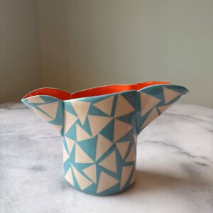 SHC150 Small Double spouted vase Turquoise with orange interior 12cm tall x 11cm wide
