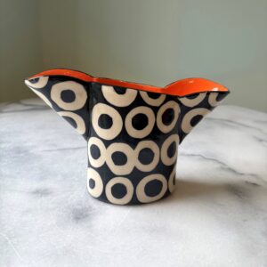 SHC152 -Small double spouted vase - Black and white with orange interior -12cm tall x 11cm wide