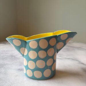 SHC153 Small double spouted vase Turquoise with yellow interior 12cm tall x 11cm wide