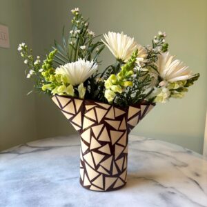 SHC156 - Dark chocolate double spouted vase with peach interior 21cm tall x 14 cm wide