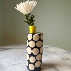 SHC159 - Flower bottle tall - black and white with yellow funnel